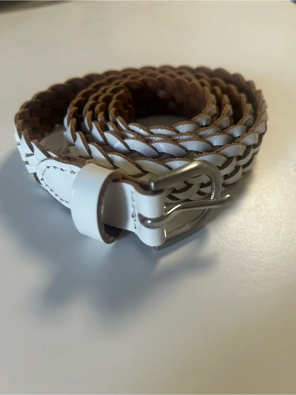 Braided White and Brown Leather Belt - women